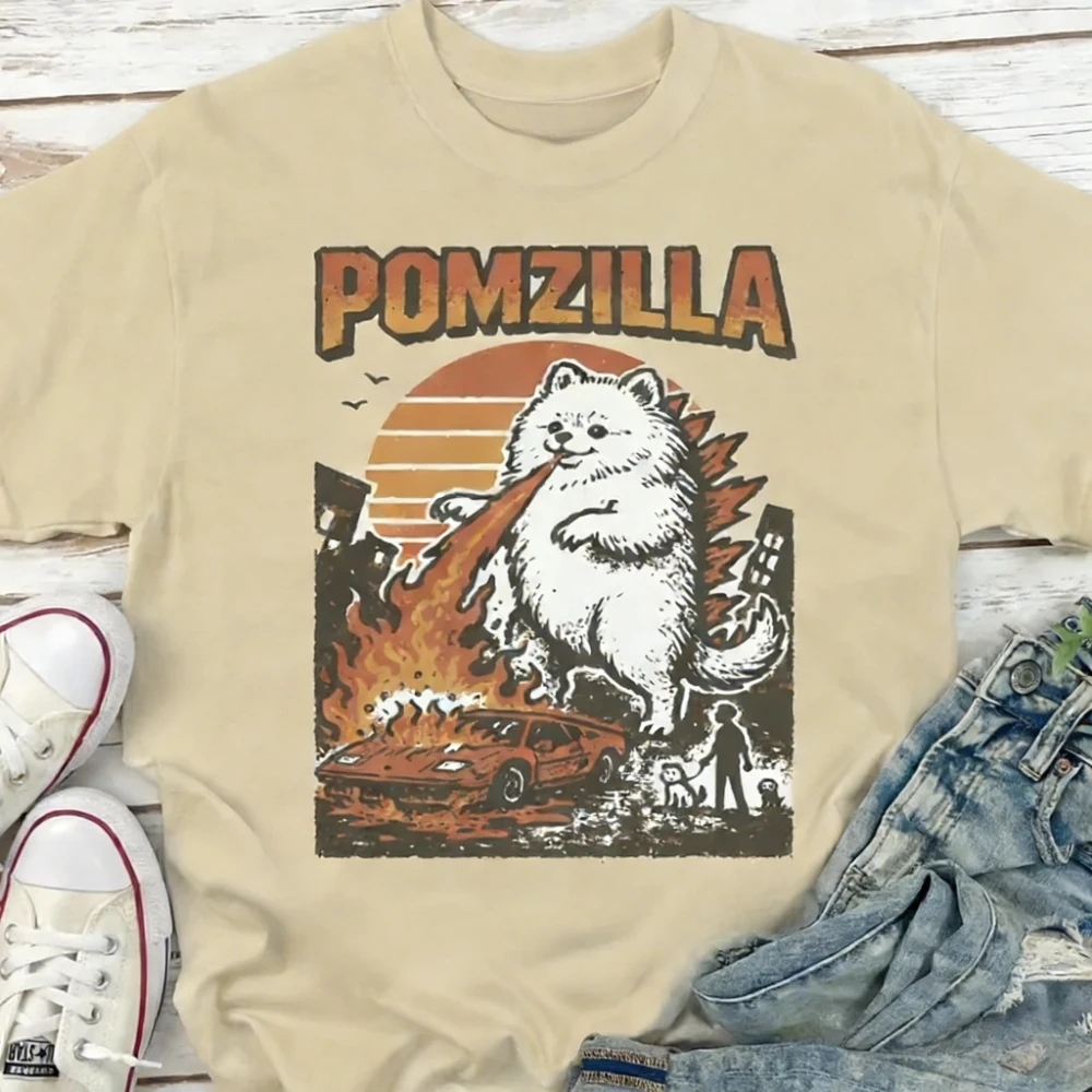 Funny POMZILLA Pomeranian Shirt Vintage Comic Monster Pom Tee Weird Fire-Breathing Dog T-Shirt Unique Dog Lovers Gift Tops