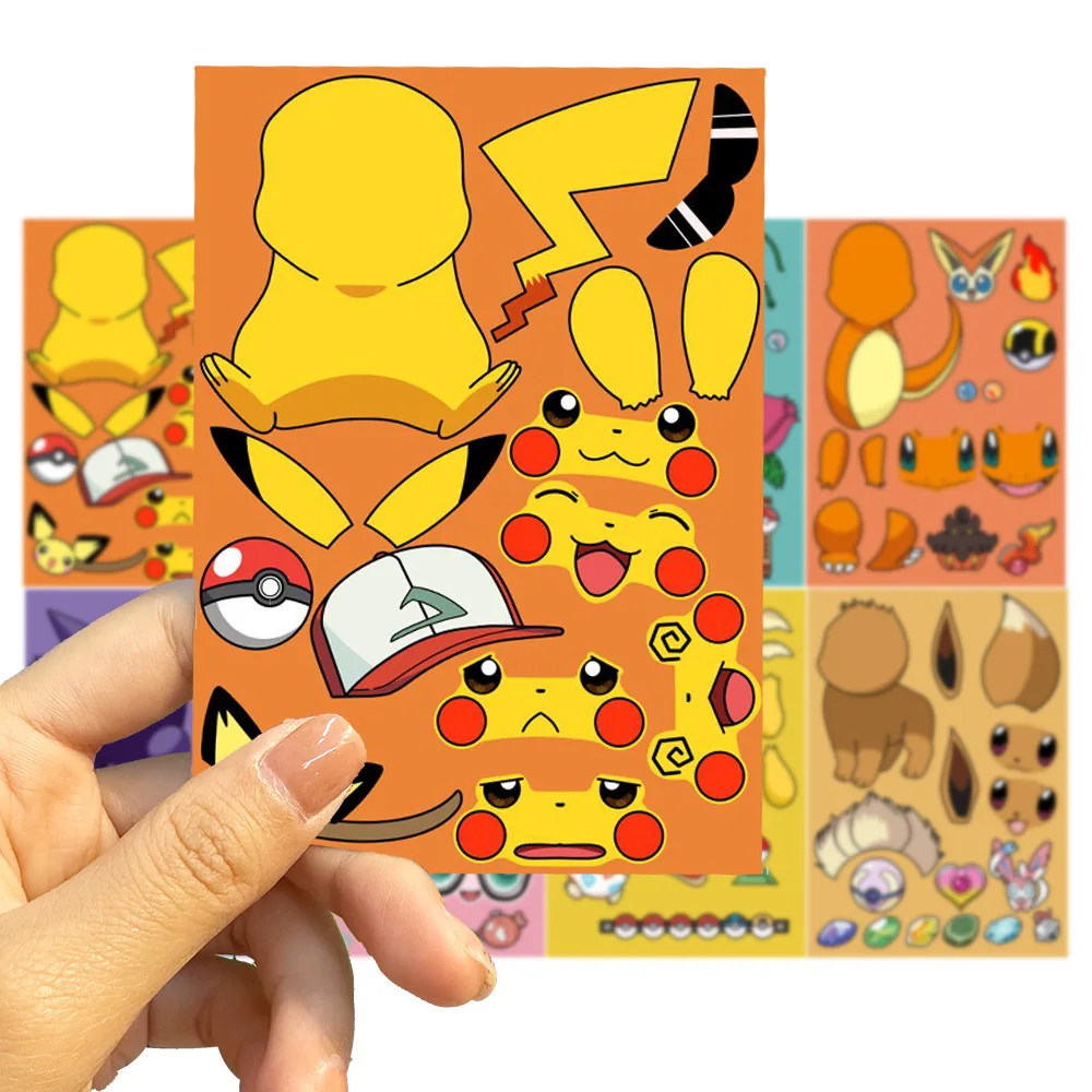 8/16/24Sheets Pokemon Pikachu Stickers Make A Face Puzzle Kids Charmander Make Your Own DIY Game Children Jigsaw Education Toys