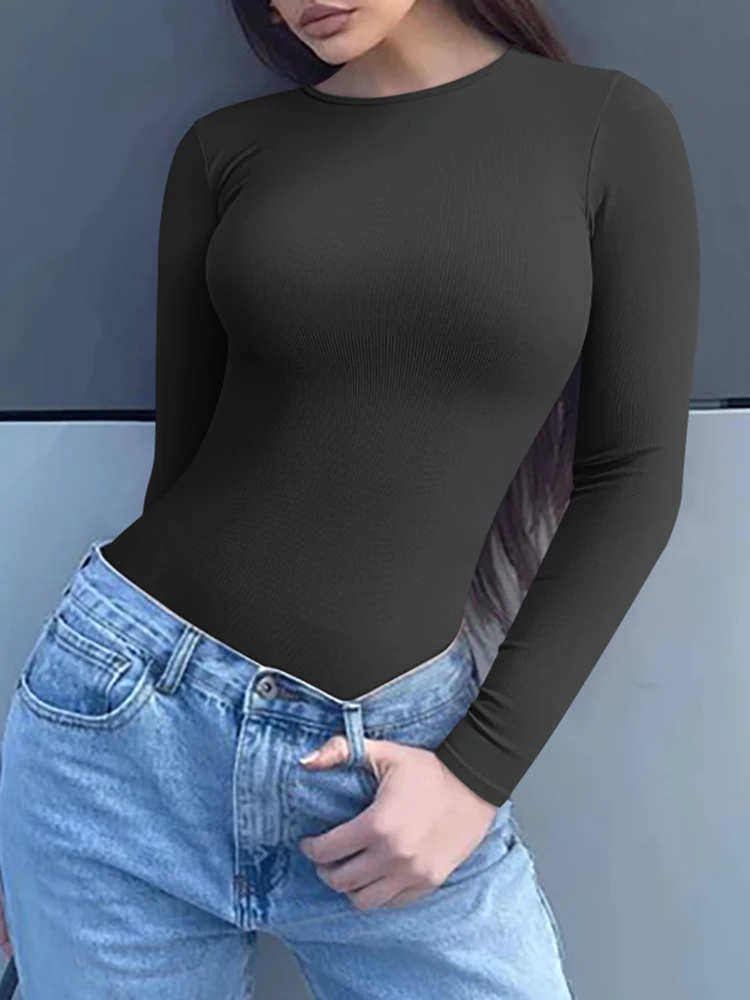 

2025 модное сексуальное боди с круглым вырезом и длинными рукавами, женское спортивное облегающее боди для фитнеса, повседневное женское уличное боди