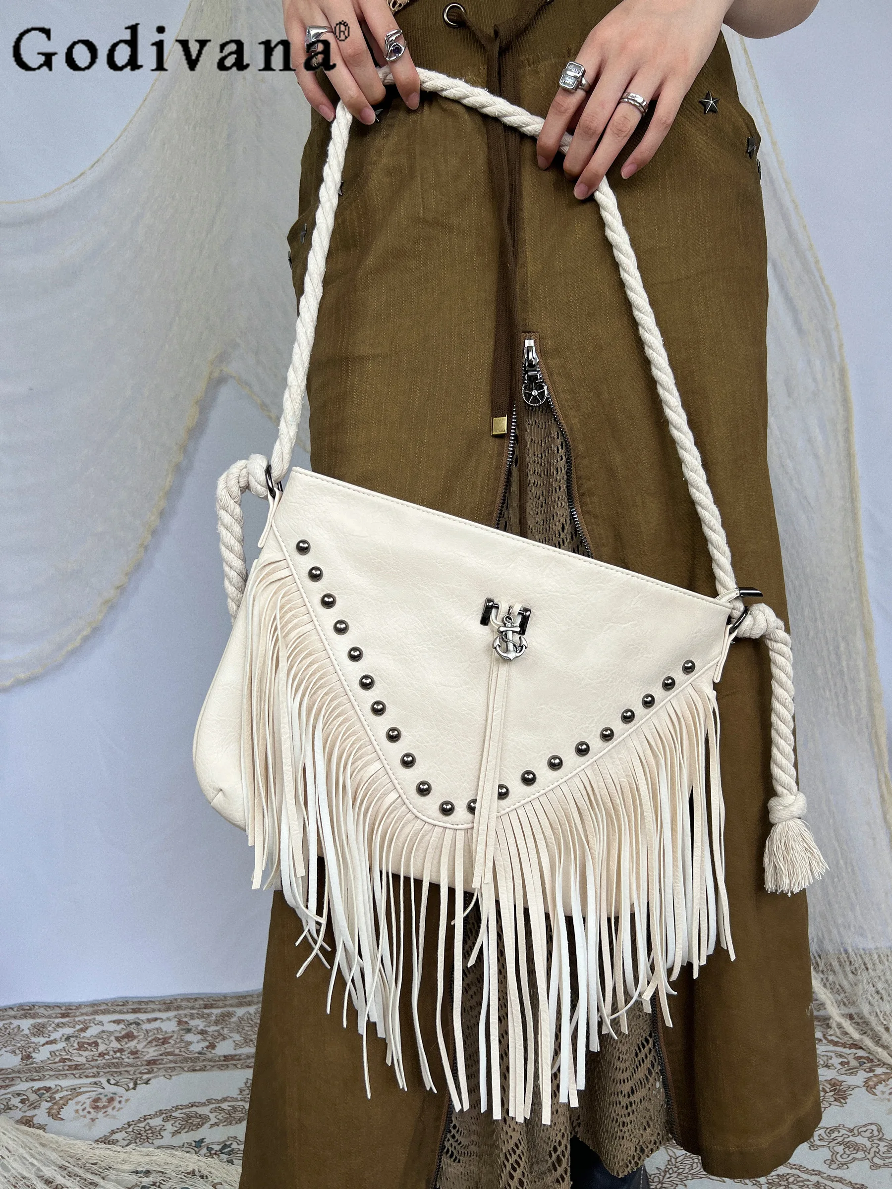 Fashion Y2K Hot Girl Vintage Tassel Rivets Women Shoulder Crossbody Bag Leather Hemp Rope Shopping Bags