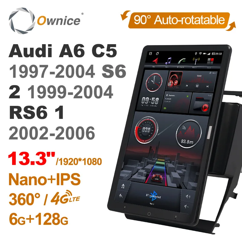 

13.3 Inch 1920*1080 Ownice 1 Din Android 12.0 Car Radio for Audi A6 C5 1997-2004 S6 2 1999-2004 RS6 1 2002-2006 Auto Rotatable