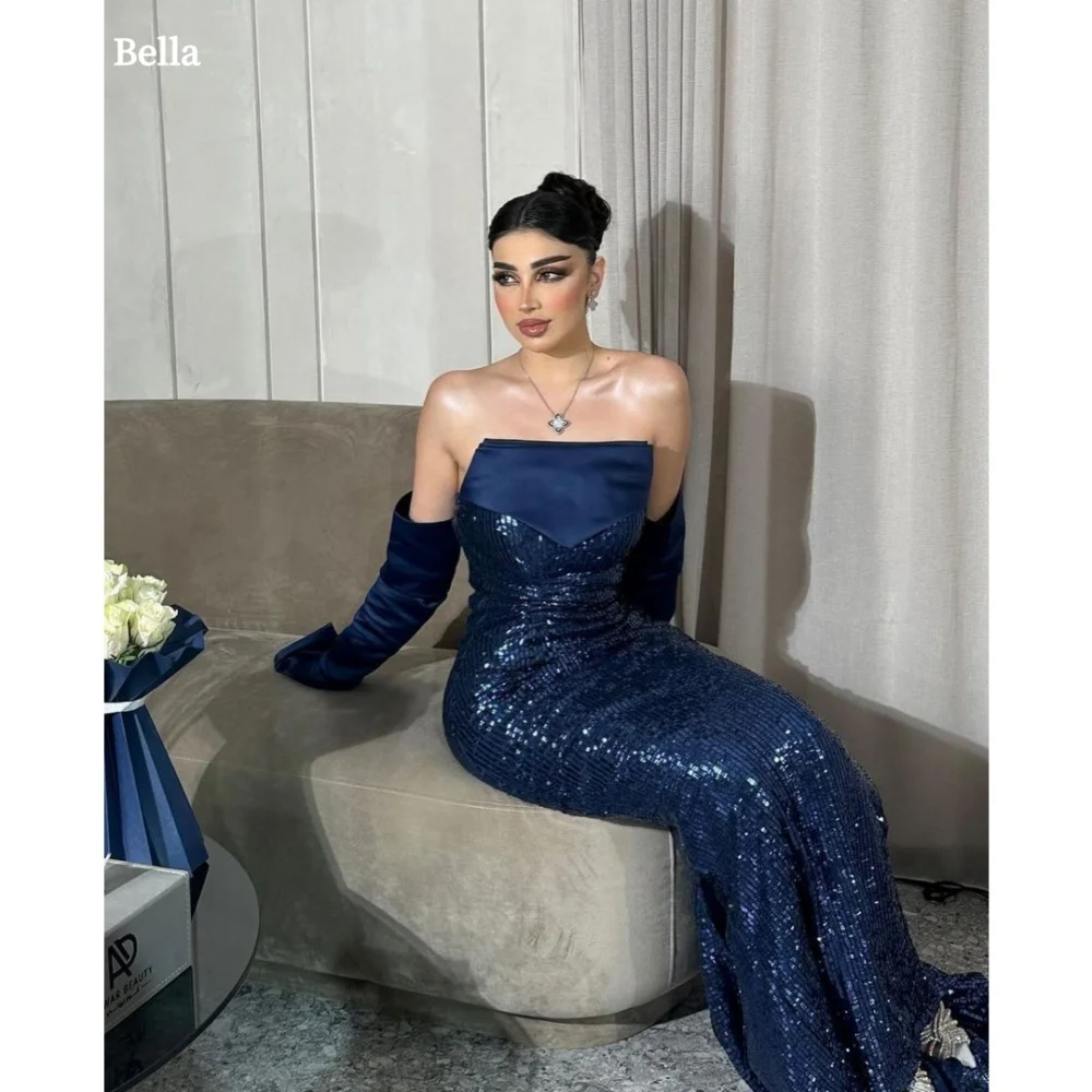 

Bella Customized Blue Sequins Mermaid Sleeves robes de soirée Strapless Evening Dresses Floor-Length Party Wedding Dress 2024