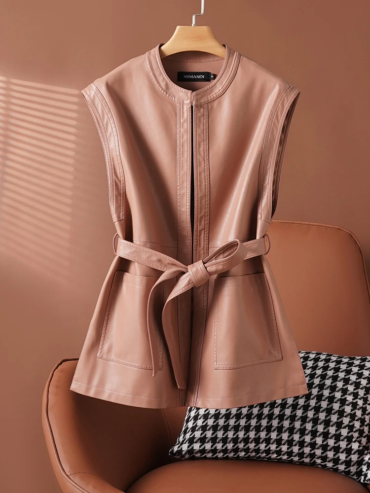 ربيع الخريف الأسود لينة بولي Leather سترة جلدية العلامة التجارية الفاخرة مع حزام فاخر أنيق مكتب سترات بلا أكمام للنساء #4