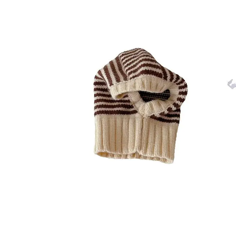 Modne dziecięce czapki z kapturem i szalikiem na zimę 2026, dzianinowe, ciepłe, w paski, jednoczęściowe, akcesoria dla dzieci.