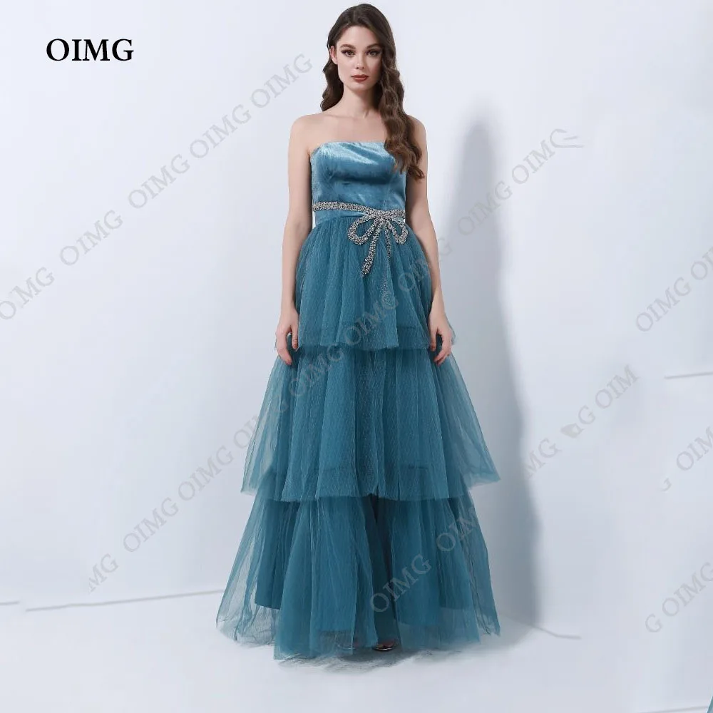 

OIMG Modest Tulle Tiered Women Evening Dresses Strapless Long Sleeveless Custom Formal Gowns Night Prom Occasion Party Dress