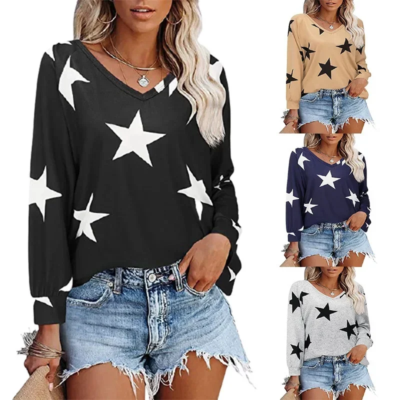 

LIBIELIY Plus Size Autumn Winter Comfortable Versatile Sexy Star Print V Neck Long Sleeve Sweatshirt T Shirt Women's Fashion Clo