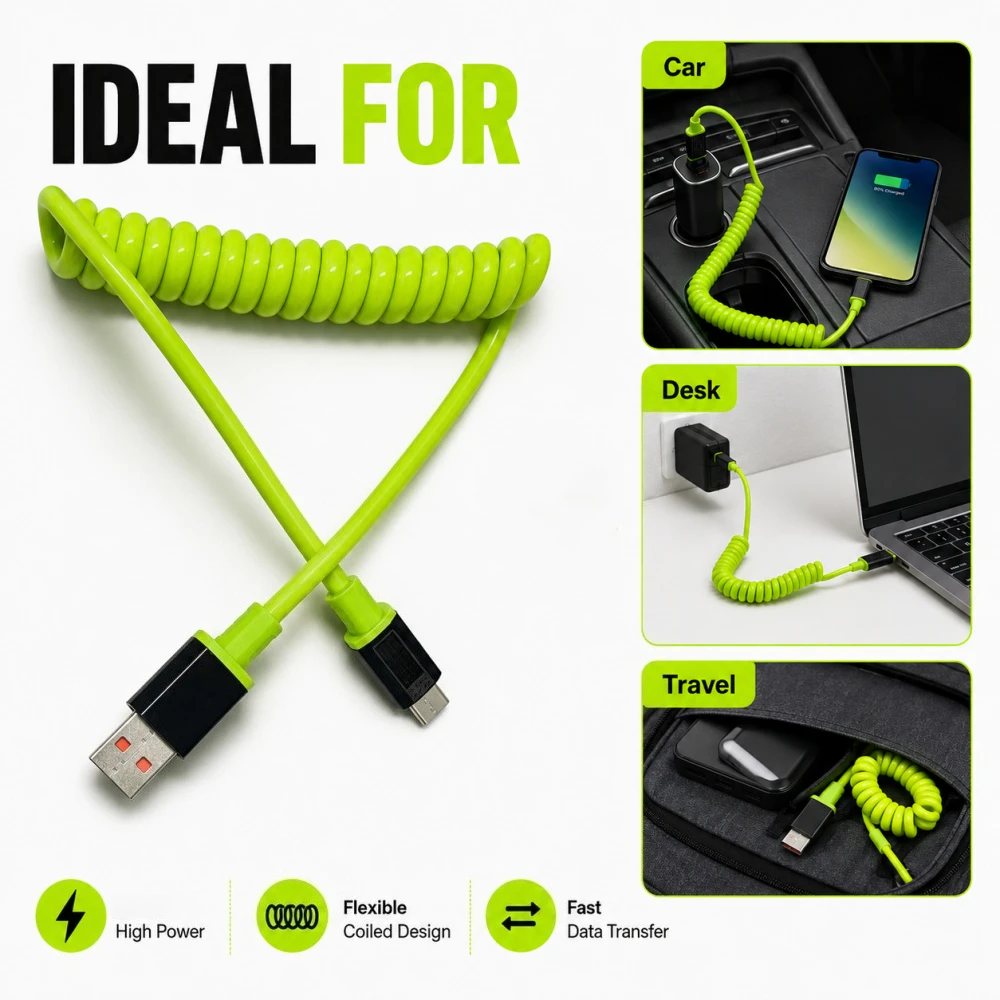USB-C-auf-USB-C-Ladekabel, Spiralkabel, Handy-Ladegerät, Datenkabel für iPhone, Samsung, Xiaomi, Huawei, USB-C-Kabel.