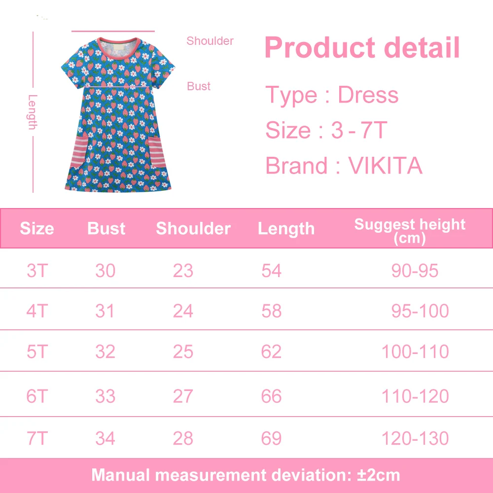 VIKITA Girls Flower Strawberry Print Straight Dress with Pockets Kids Short Sleeve Summer Cotton Casual Wear Children Clothing