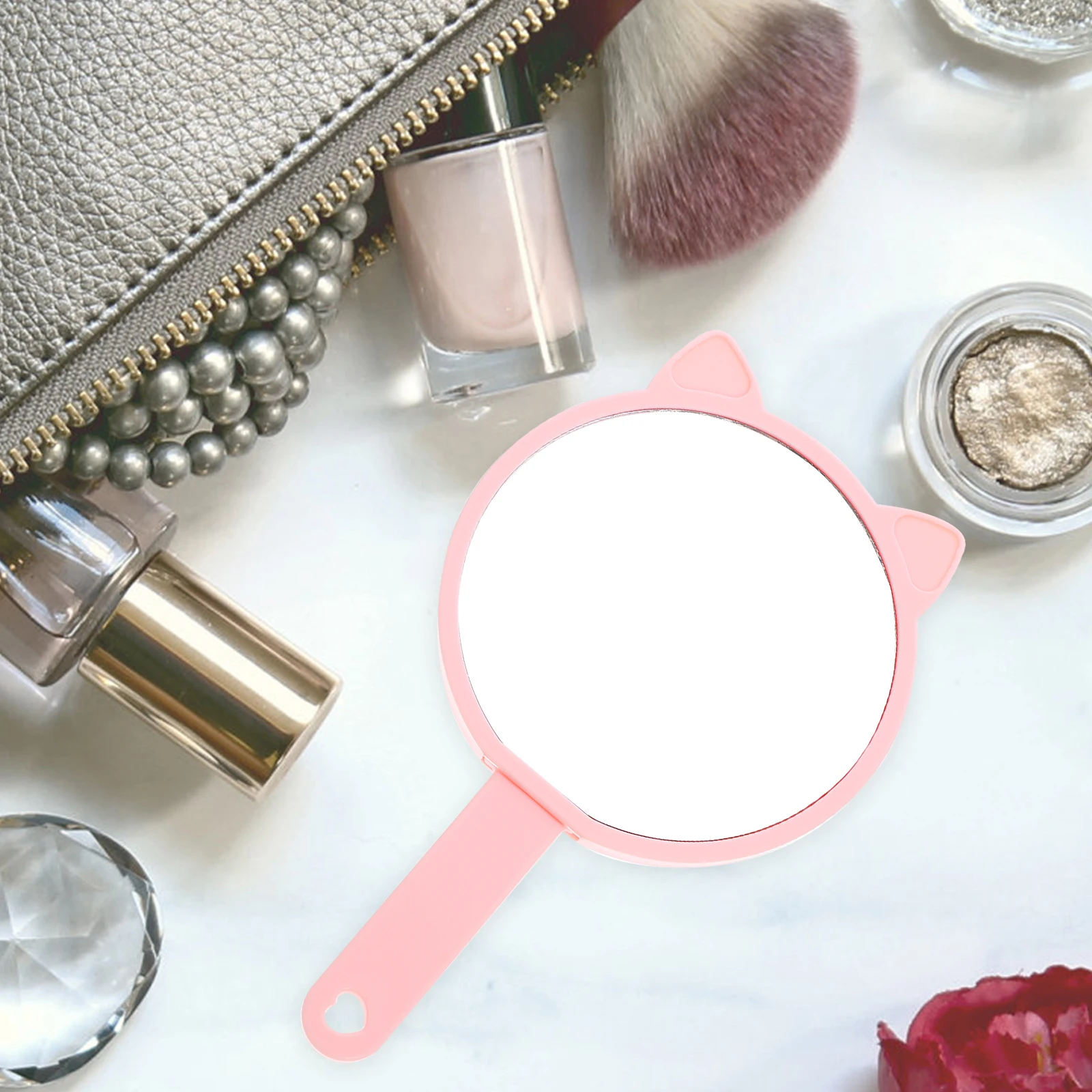 Espejo portátil, bonito espejo de mano para maquillaje de viaje, pequeño con mango de tocador