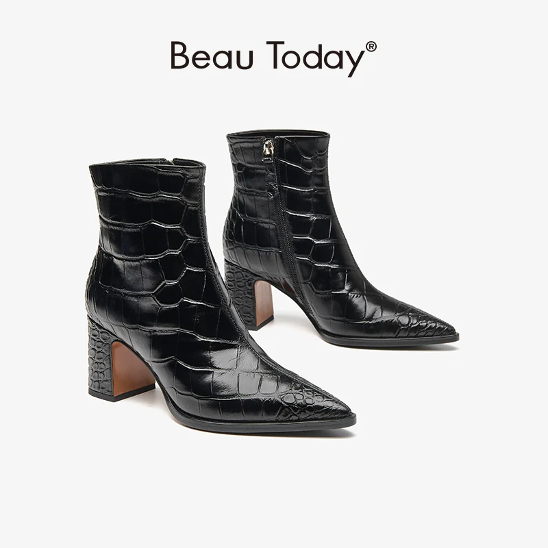 

BeauToday Pumps Ankle Boots Women Zipper Closure Pointed Toe High Heel Gingham Genuine Leather Spring Autumn Ladies Shoes 03912