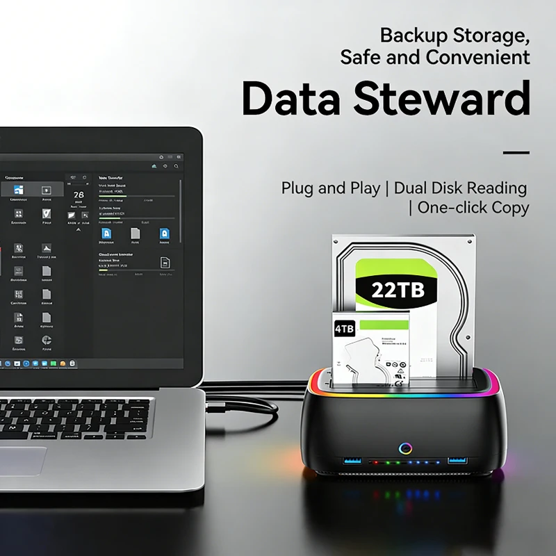 Dual-Bay RGB Hard Drive Station HDD/SSD Docking HUB/TF/SD USB3.0 To SATA Type-C For 2.5/3.5 Inch US Plug