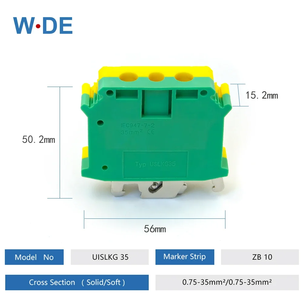 1 Piece PE Din Rail Terminal Blocks Ground UISLKG-35 Earth Universal Class Connector Screw Terminal Block UISLKG35