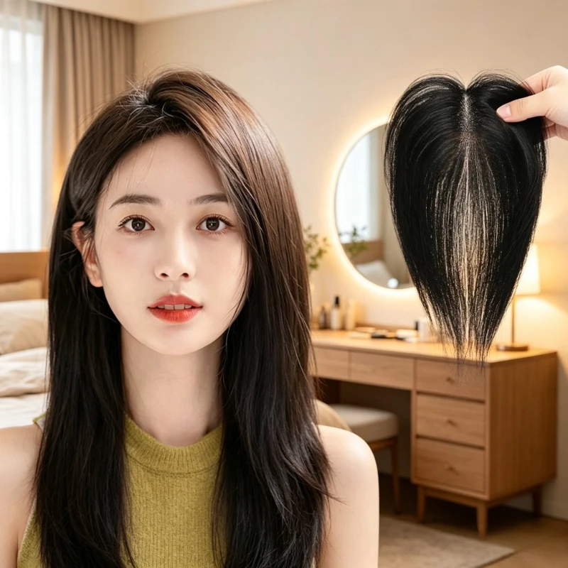 Human Hair Topper for Women Real Hair Crown Piece Long Bangs Volume Cover for Thinning Grey Hair Daily Styling 여성 인모 헤어피스