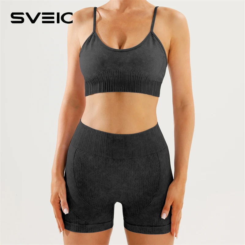 

SVEIC Seamless Yoga Shorts Set Fitness Impact Shockproof Sports Bra Sportwear Two Piece Suits Workout Running Gym Woman Clothing
