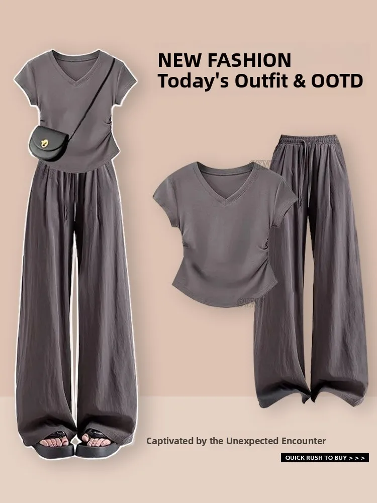 Faionable Commute Ready Damen-Sommer-Outfit Ort Sve V-Ne, plissiertes Taillen-Design, hohe Taille, Freizeithosen-Set