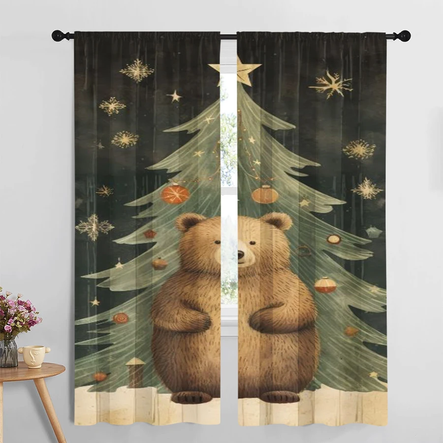 2PCS Vintage Brown Bear Christmas Tree Curtains, Rustic Star Snowflake Winter Holiday Window Drapes for Bedroom Decor