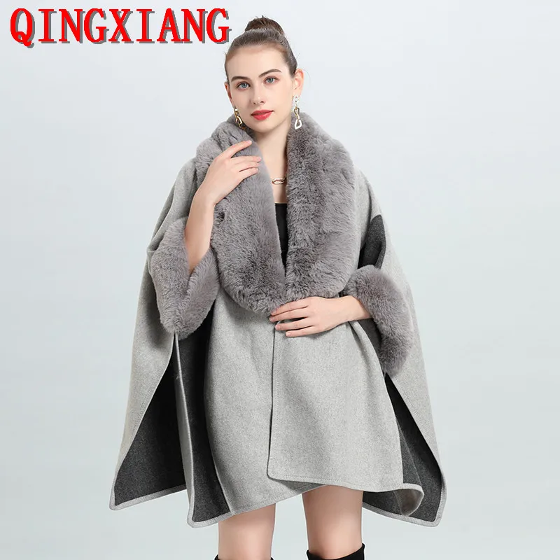 7 Colors Block Winter Warm Plus Size Loose Poncho Overcoat Big Faux Fur Neck Shawl Cape Women Cashmere Outstreet Thick Wear Coat