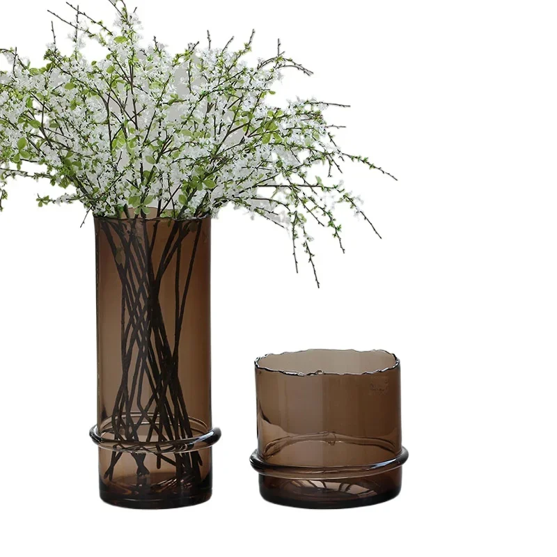 

Simple light luxury style silk-wrapped straight amber glass vase, hotel model room soft decoration, living room ornament