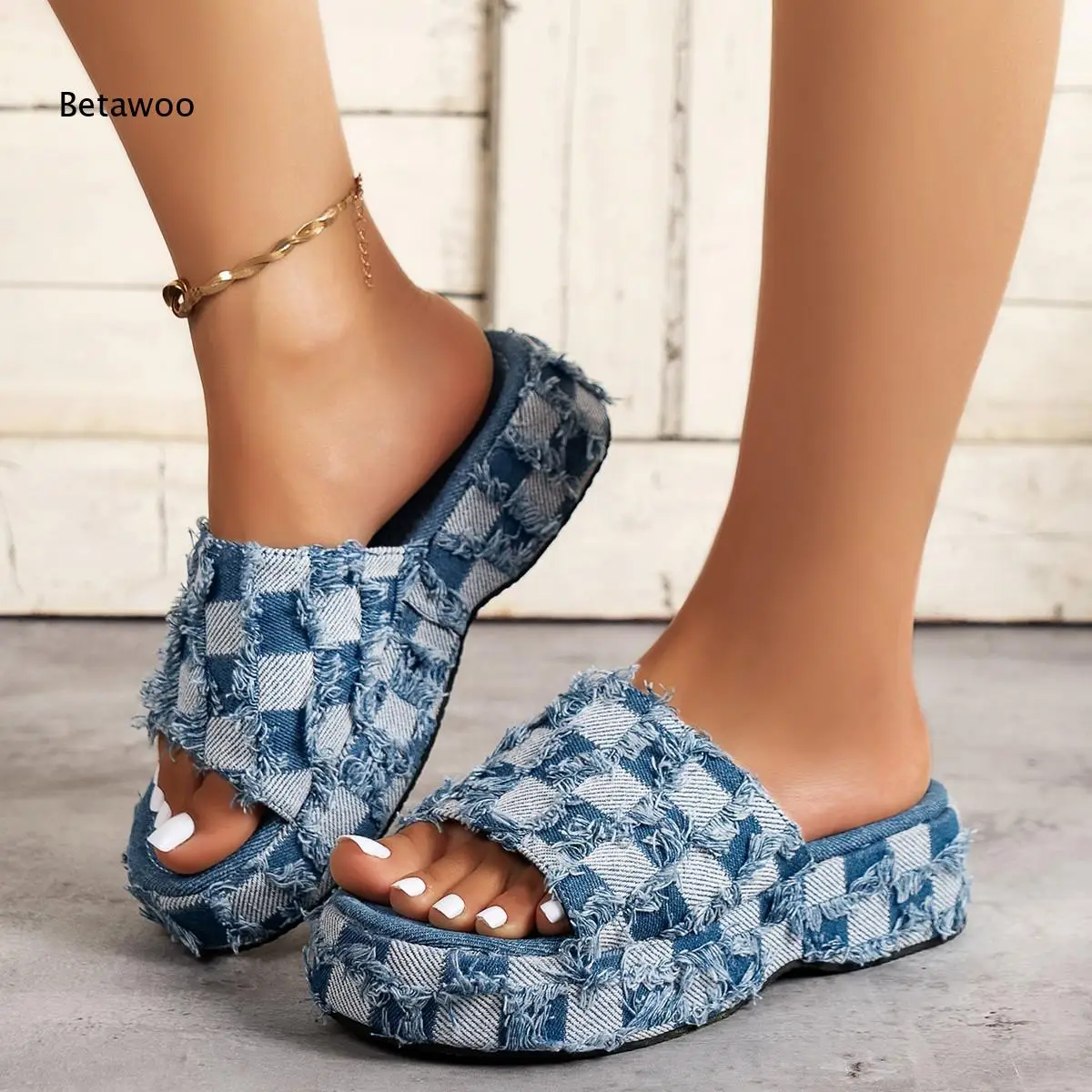 Womens Open Toe Denim Checkered Platform Slide Sandals Frayed Edge Casual Slippers
