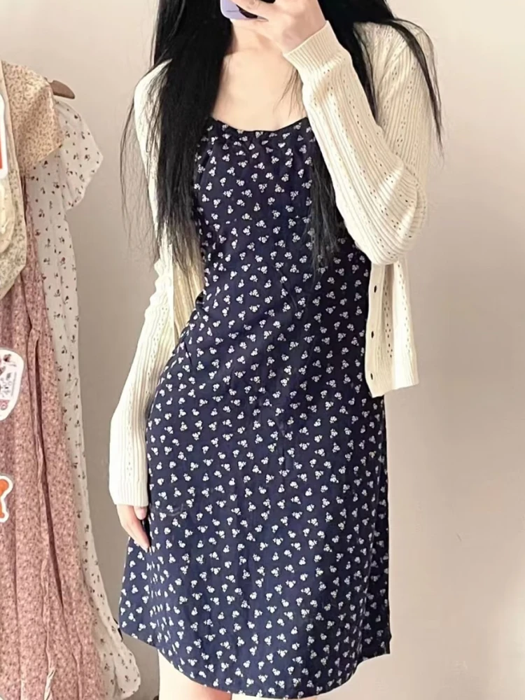 Casual Women Navy Dress 2023 Summer Fashion Ladies Retro Dress Female Chiffon  Sleeveless Flroal Printed Sling Dress