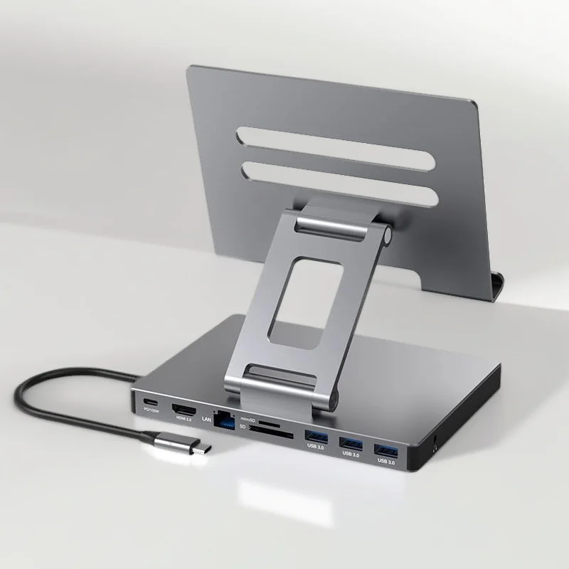 Foldable Docking Station for iPad Pro, USB C Hub Stand, 9 in 1, 4K 60Hz, HDMI RJ45 Gigabit SD, TF Card Reader, 3 USB 3.0