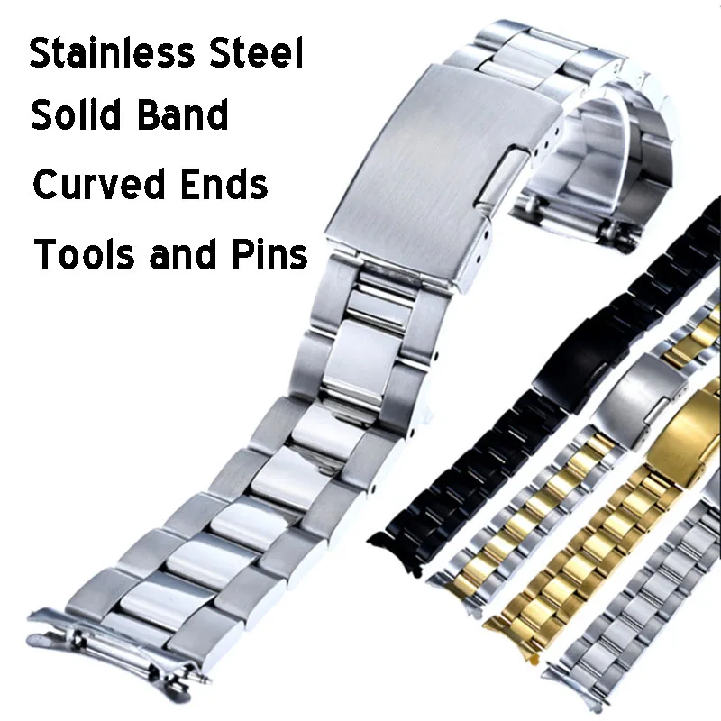 Luxury Curved Strap Solid Stainless Steel Watch Band 16 18 19 20 22 24 26mm Arc End Diving Wristband Belt Watch Accessories