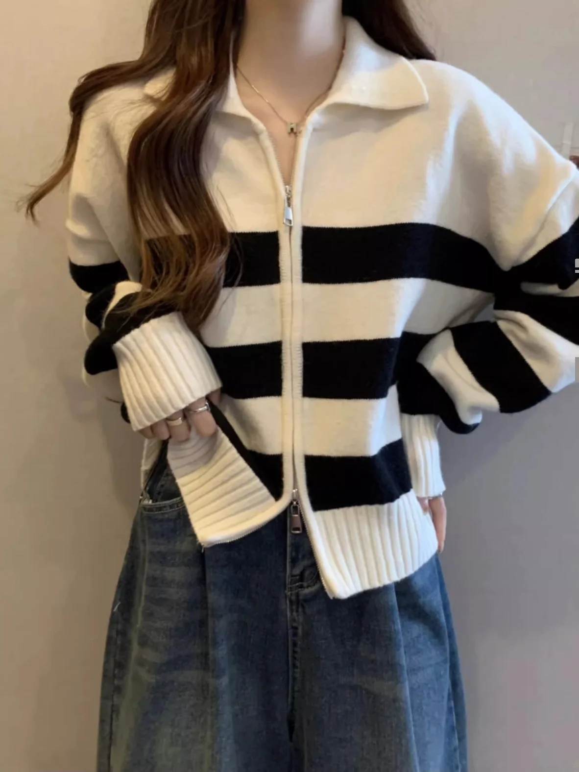 

Women's Knitted Stripe Ne Open Cardigan Double Zipper Loose Sle Autumn Sweater Coat Commute Sle Korean Version
