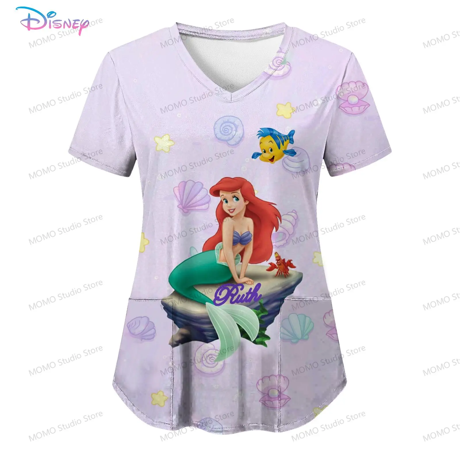 

Pocket Disney Princess Women's V Neck Nurse Uniform T-Shirt Y2k 2024 S-2XL Kawaii Street Wear Woman Clothing Summer Tops Clothes