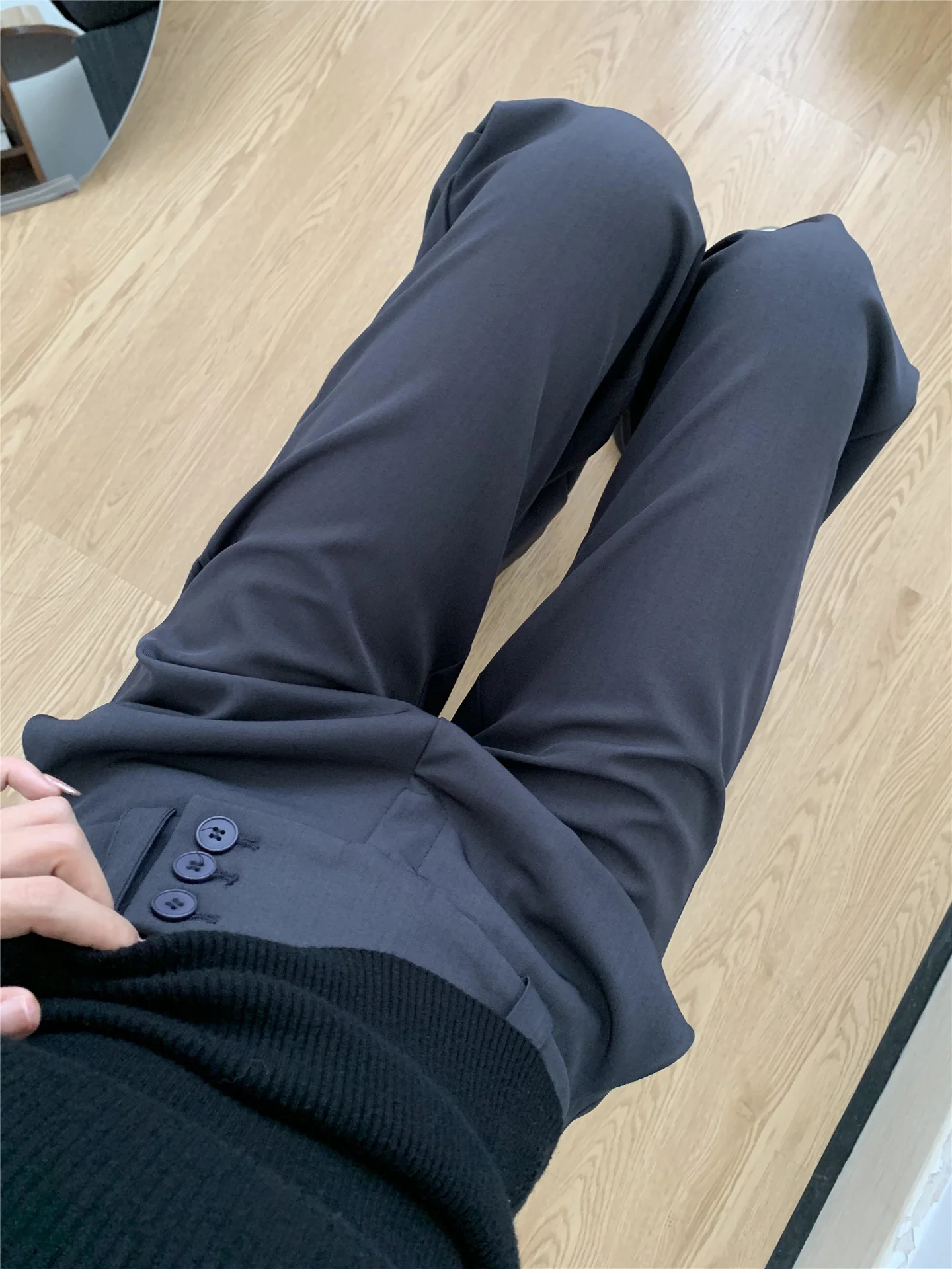 

Gray Flared Pants Women's Loose Fit Low Waist Trousers Spring Casual Pants High Waist Design Sensation Wide Leg Pants
