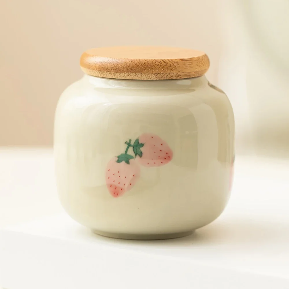 Hand Painted Strawberry Glossy Porcelain Jar with Lid Delicate Ceramic Kitchen Sealed Storage Container Sugar Condiment Tea Jars