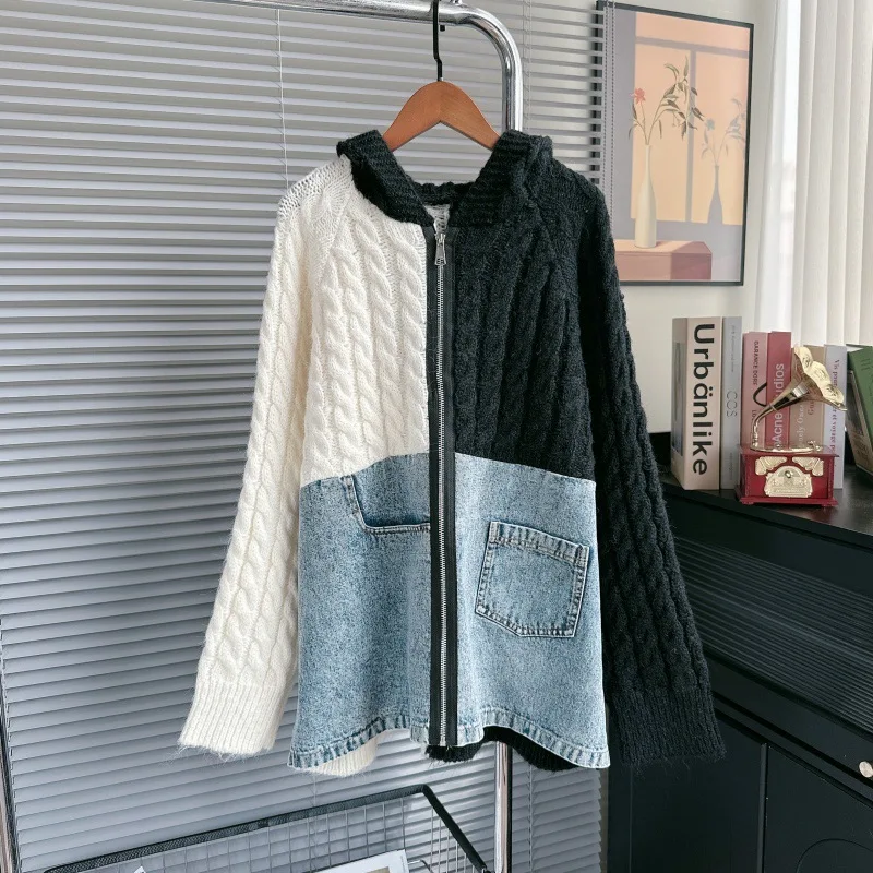 

SuperAen Европа и Америка дизайн свитер с капюшоном женский осенне-зимний новый джинсовый лоскутный кардиган контрастных цветов пальто