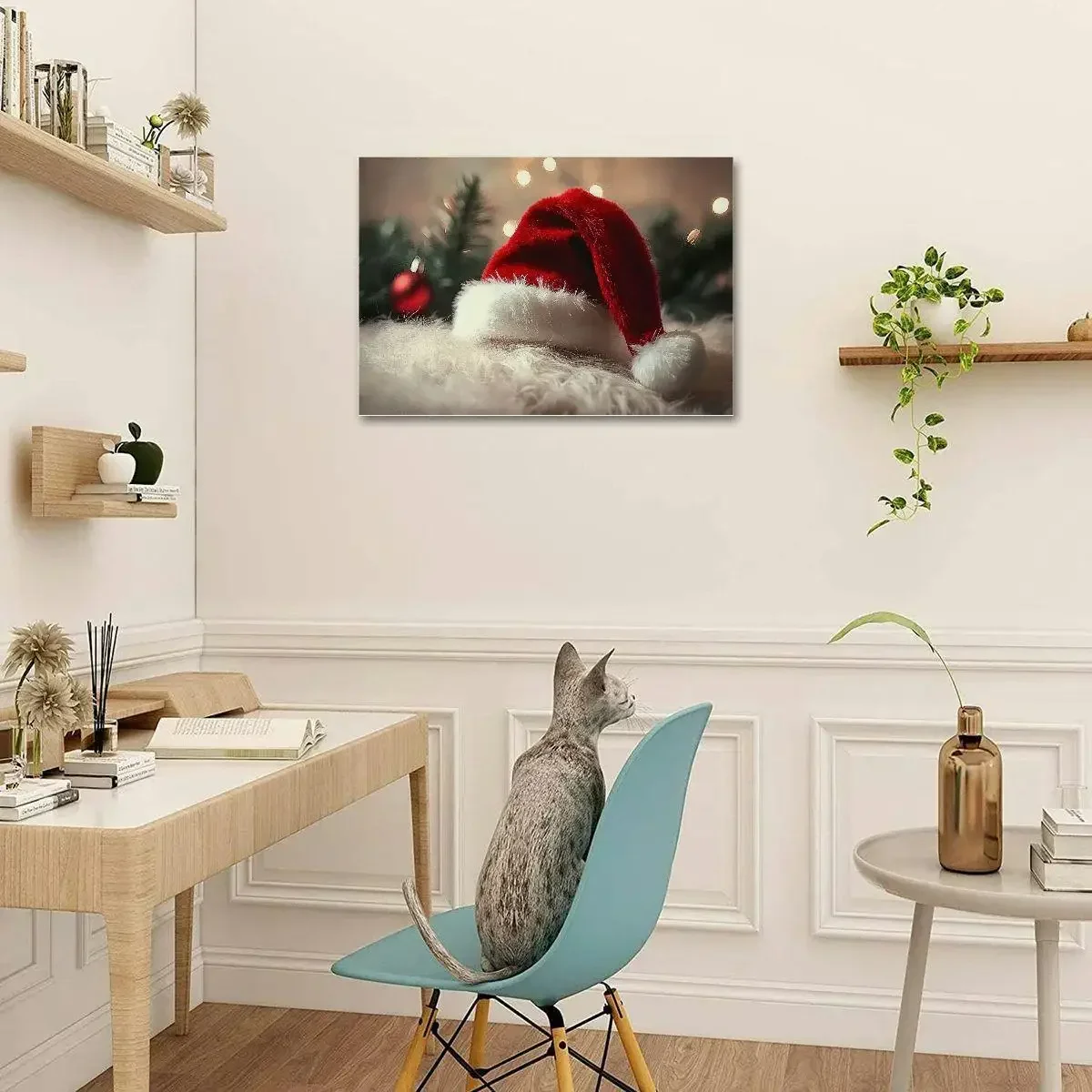 Santa Hat - Christmas Poster Vintage Christmas Vintage Christmas Decoration Christmas Oil Painting with Wooden Frame Christmas