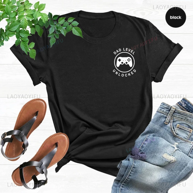 Dad Level Unlocked Father's Day Graphic T Shirts Gaming Dad Expectant Papa Dad Pregnancy Announcement To Husband Gift Cotton Tee