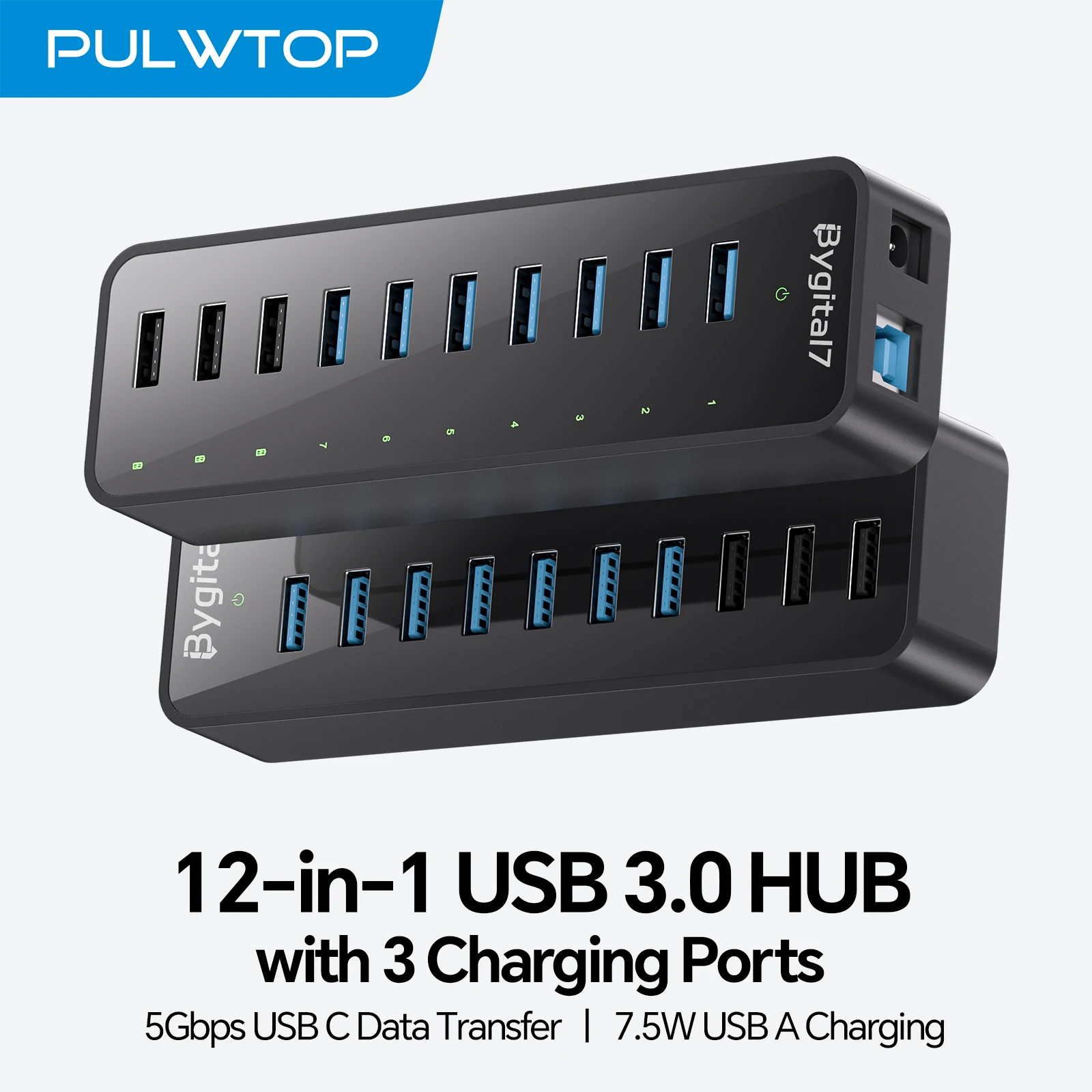 10-Port USB 3.0 Hub, 7 Data Ports 5Gbps & 3 BC1.2 Charging Ports,  USB Splitter for Laptop, PC, Mac,Mobile Devices, 60W Adapter