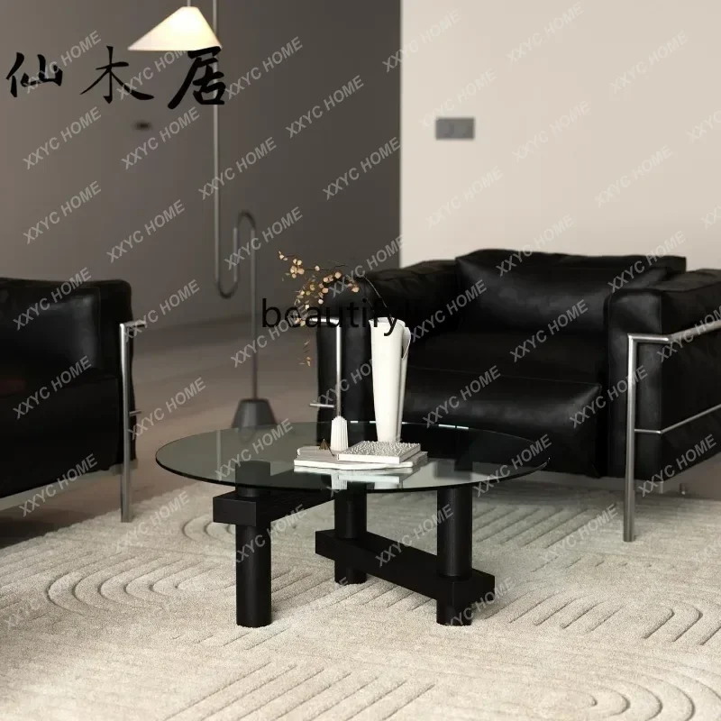 

HMinimalist style solid wood tempered glass coffee table small apartment living room table simple modern low table
