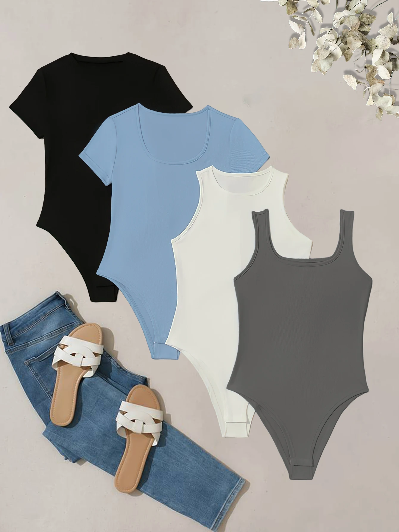 

Women's solid-color versatile fitted tight-fitting top set of four pieces