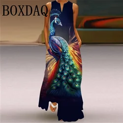 New Elegant Peacocks 3D Print Vintage Dress For Women's Sleeveless Pockets Long Dress Vestidos Summer Spring Ladies Maxi Dresses