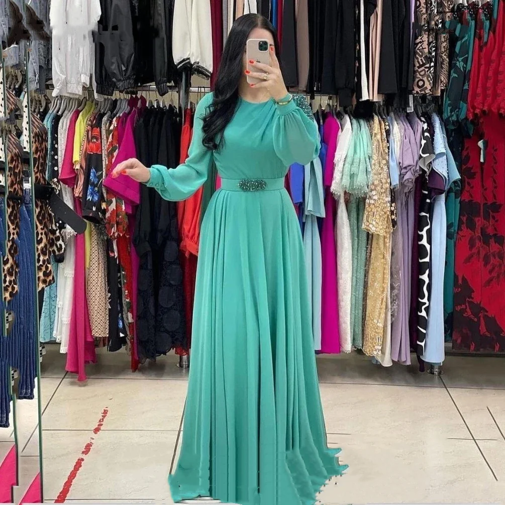 

Elegant Round Neck Chiffon A Line Evening Dresses Long Puff Sleeves Green Plus Size Arabic Formal Prom Party Gowns Custom Made