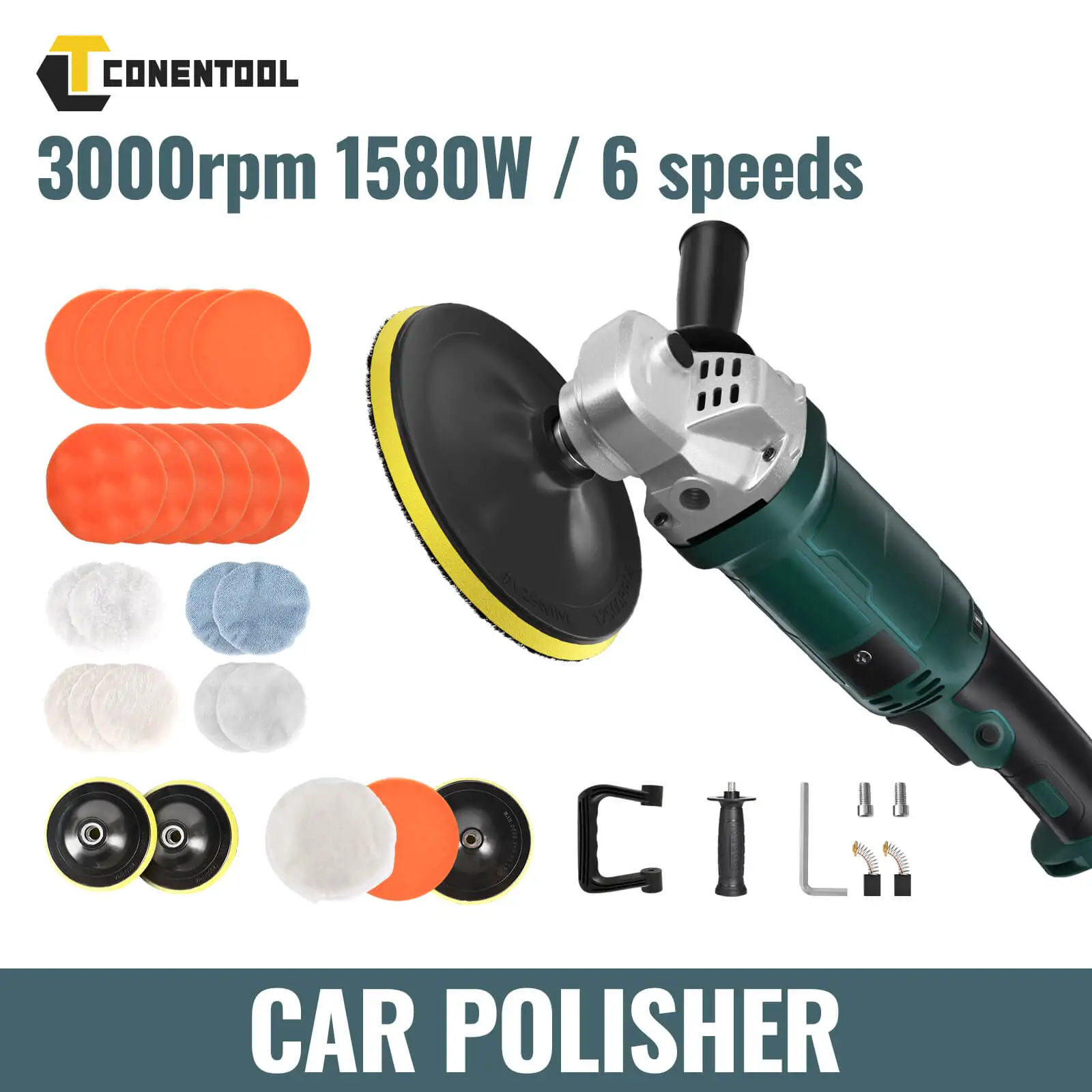 Conentool 1580W Polishing Mop Polisher Car Bodywork Machine Bodyshop Paintwork Buffer Head 3000rpm Copper Motor Power Tool