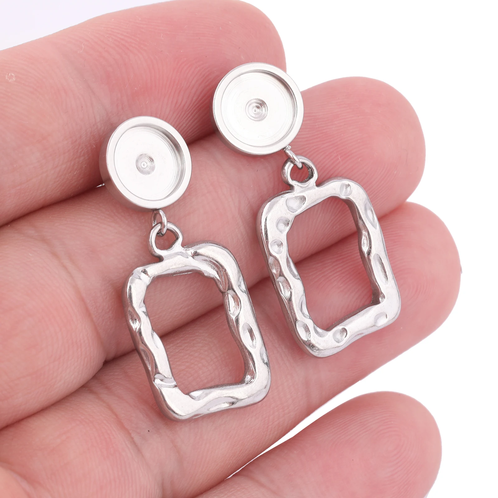 6pcs Stainless Steel Fit 8mm Cabochon Earring Base Blanks Studs With Stamped Rectangle Charms Diy Earrings Making Materials