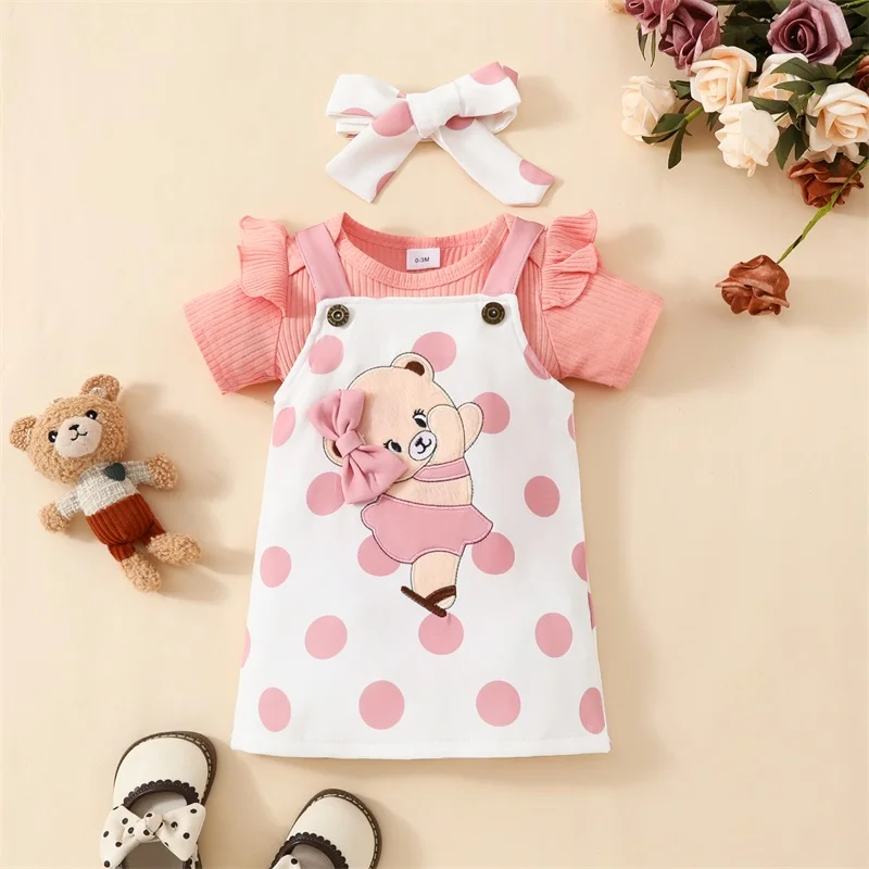 

Baby Girls 3Pcs Spring Outfits Romper + Bear Suspender Skirt + Headband Set Newborn Clothes