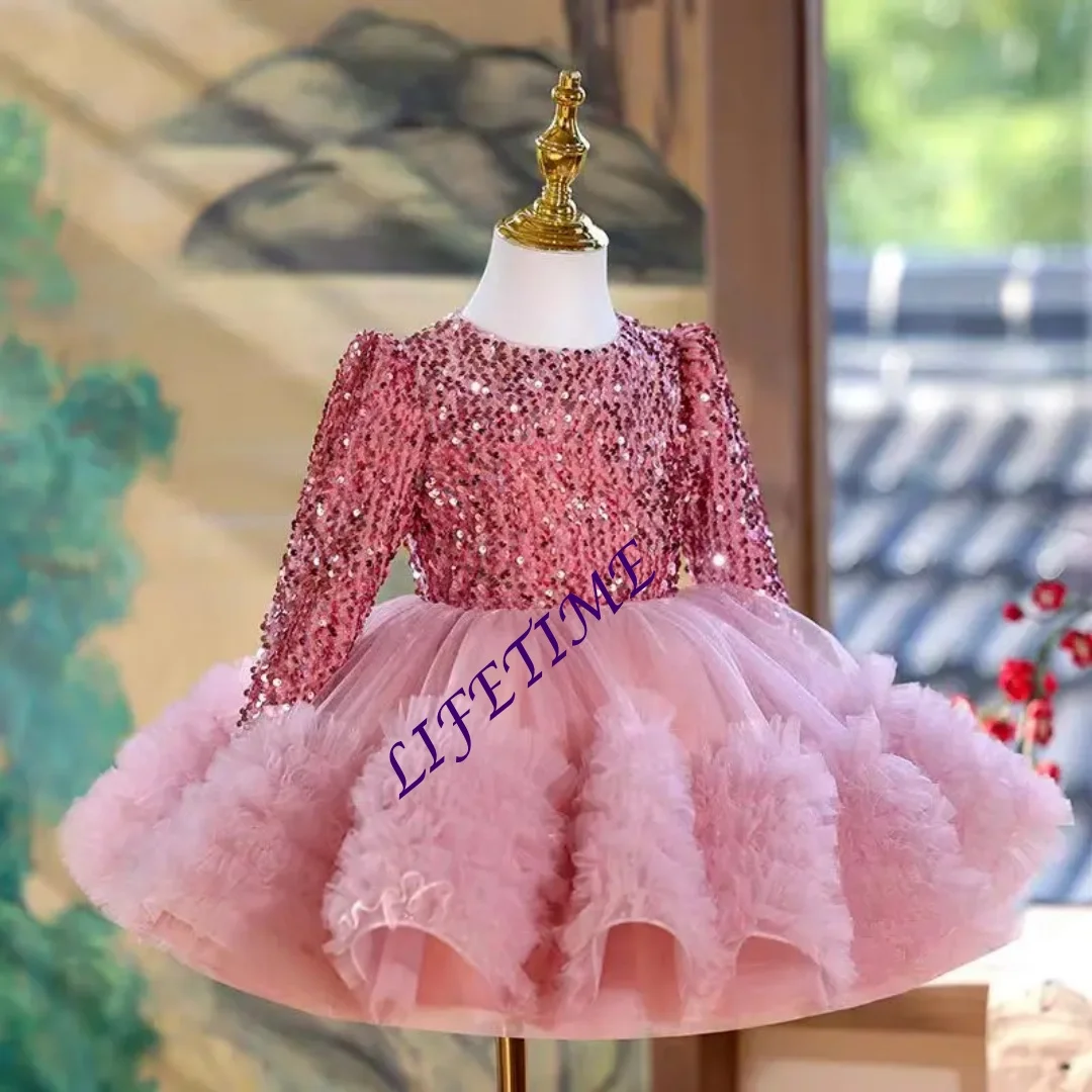 فستان فتاة وردي لامع مخصص بأكمام طويلة مكشكش للأطفال الأميرة 1st حفل زفاف وعيد ميلاد الأطفال عطلة الكرة ثوب #1