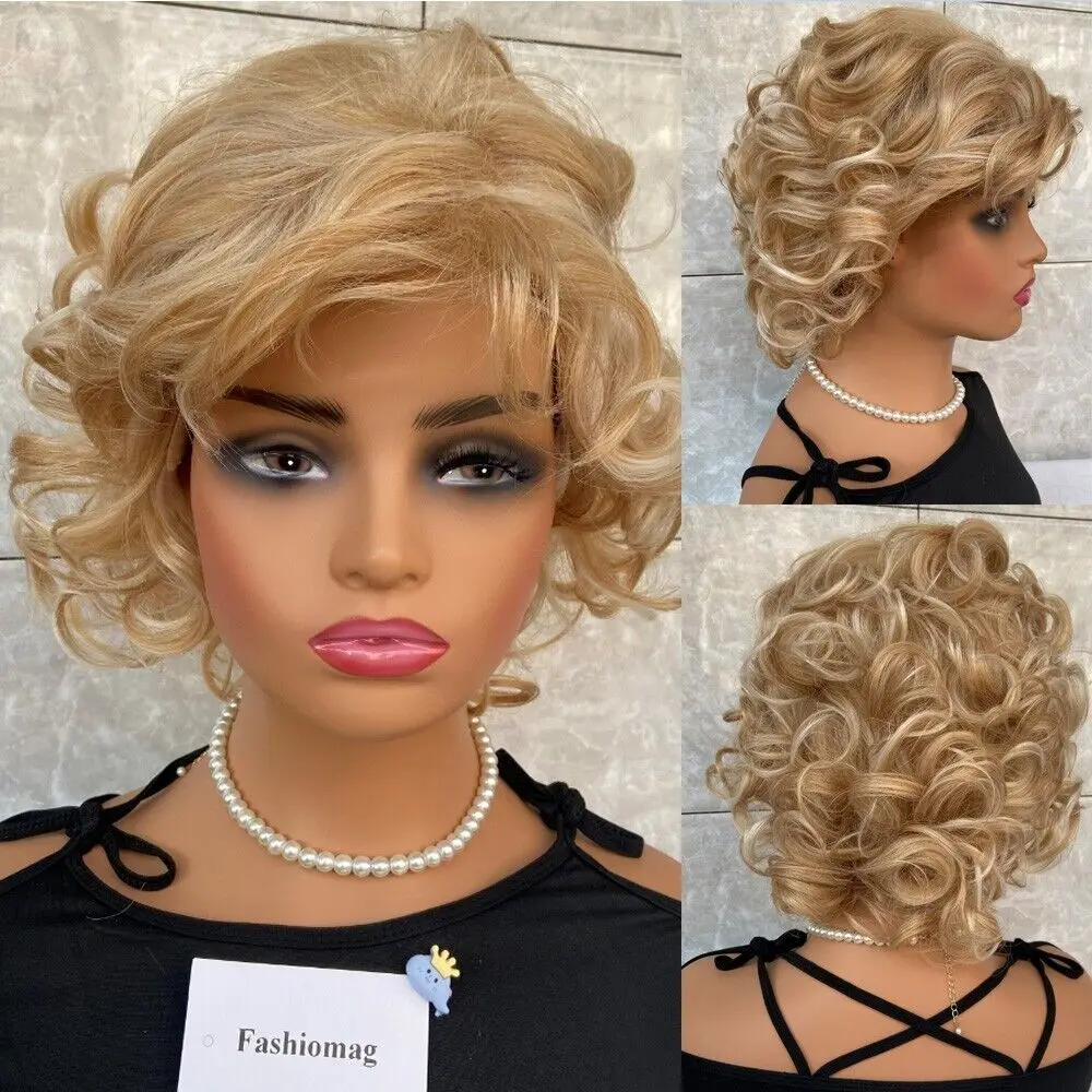 Short Fluffy Curly Blonde Mix Human Hair Blend  Women Natural Soft Wigs