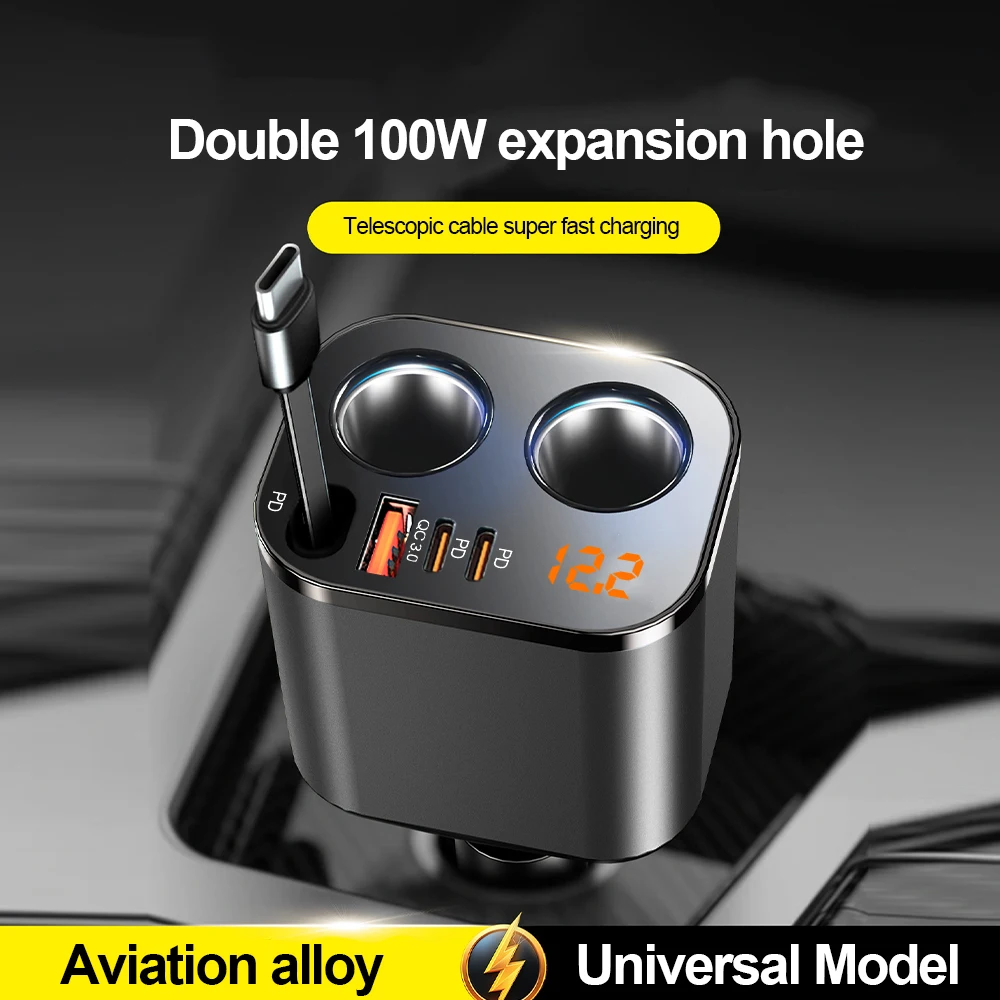 

НОВЫЙ автомобильный адаптер-зарядное устройство 100 Вт, быстрое зарядное устройство с кабелем USB Type-C, с дисплеем напряжения, выдвижными шнурками, подходит для Samsung, Xiaomi