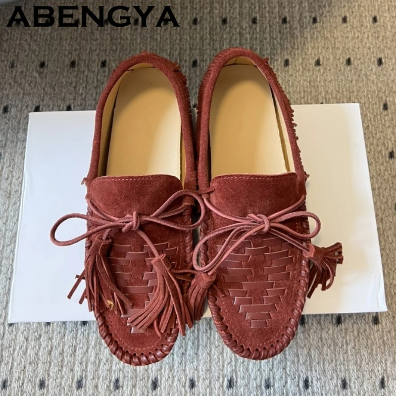 

2025 Summer Lace Up Tassels Flat Loafers Shoes For Women Suede Leather Weave Ballet Flat Shoes Casual Walking Single Shoes Mujer