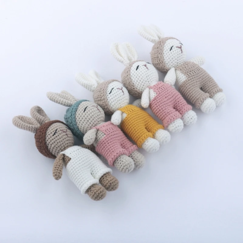 Handheld Crochet Rattle Toy Toddler Handmade Rabbit Sleeping Cartoon Appease Toy Squeaker Rattle Children Birthday Gift