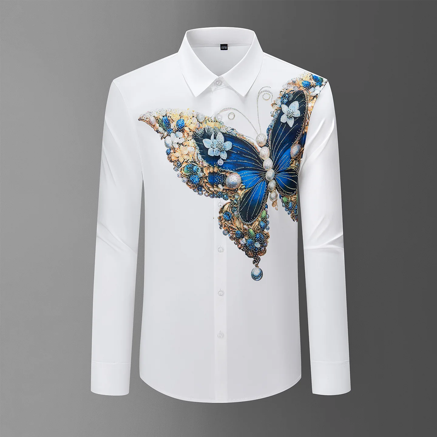 Luxury Rhinestone Shirt for Men Printed High-quality 3D Butterfly Print Long Sleeved Casual Shirts Business Social Party Blouse