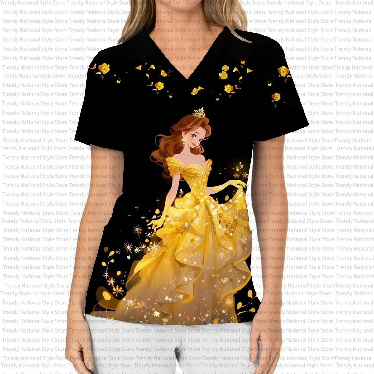 تي شيرت نسائي بلوري برقبة على شكل حرف V، هدية عيد الميلاد، طباعة أميرات ديزني دريم، عيادة أسنان عصرية/مستشفى/زي ممرضة