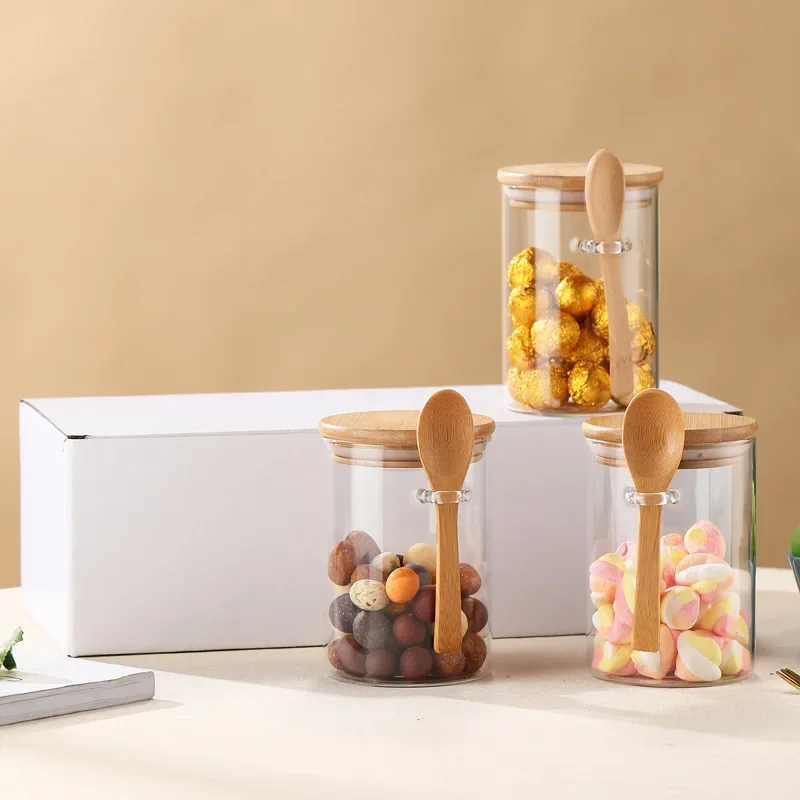 Glass Sealed Jars Seasoning Jars Set with Wooden Spoon and Wooden Lid Seasoning Jars Candy Household Containers Storage Jars