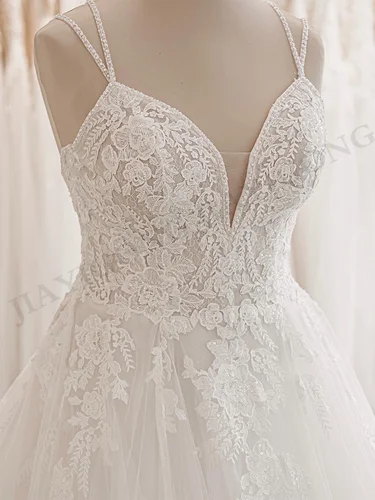 Imagen 2 del producto Recién llegado, Vestido de Novia personalizado con cuentas, tirantes finos, cuello en V, Espalda descubierta, tul con purpurina, Vestido de Novia, Vestido de Novia